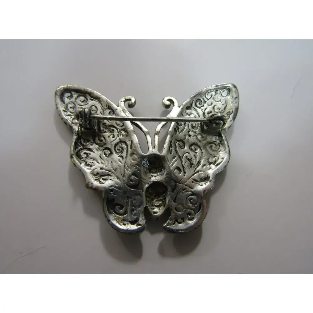 Sage Green Enamel Butterfly W/Rhinstones Brooch Boho Minimalist Art Deco Cottage